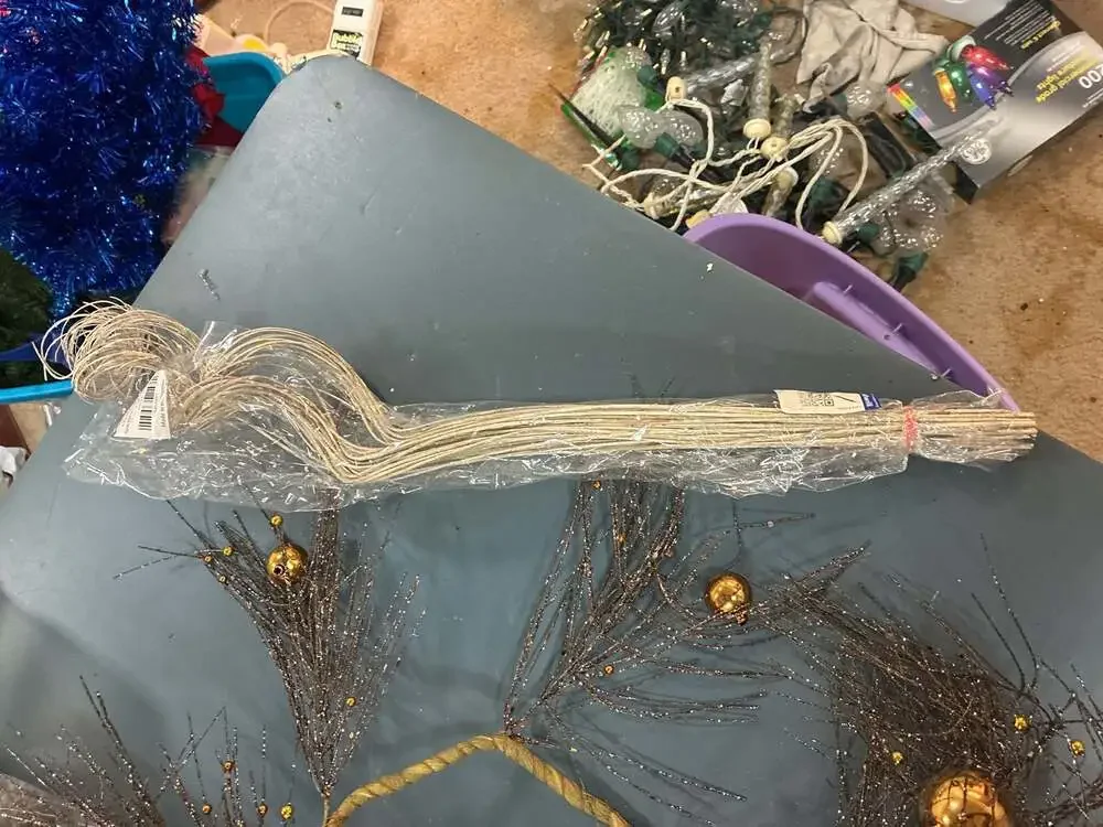 Gold Glittered Twig Christmas Garland with Beaded Ornaments and Decorative Pinec
